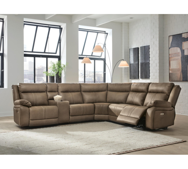 Max-Media 6-Piece Power Reclining Sectional with Audio Console - Biscotti
