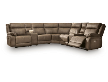 Max-Media 7-Piece Power Reclining Sectional with Audio Consoles - Biscotti