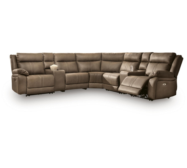 Max-Media 7-Piece Power Reclining Sectional with Audio Consoles - Biscotti