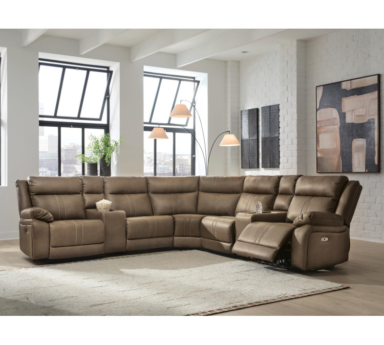 Max-Media 7-Piece Power Reclining Sectional with Audio Consoles - Biscotti