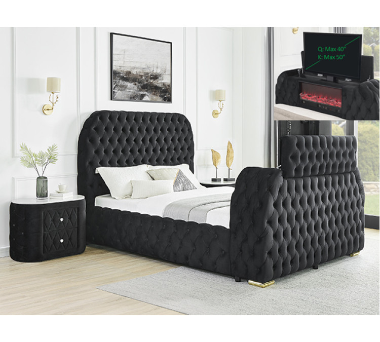 NATALIA BED W/FIREPLACE,TV LIFT BK - QUEEN / Black
