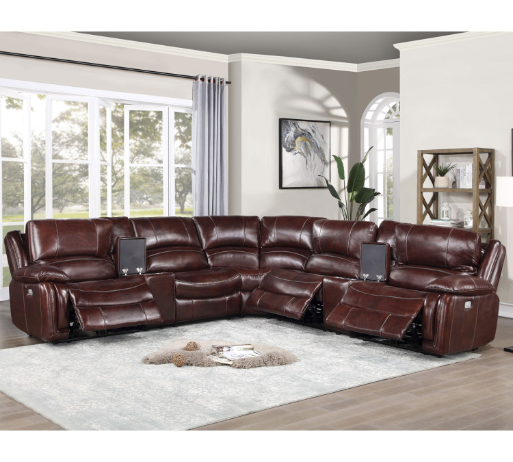 Denver Dual/Power 6/Piece Leather Sectional - Brown