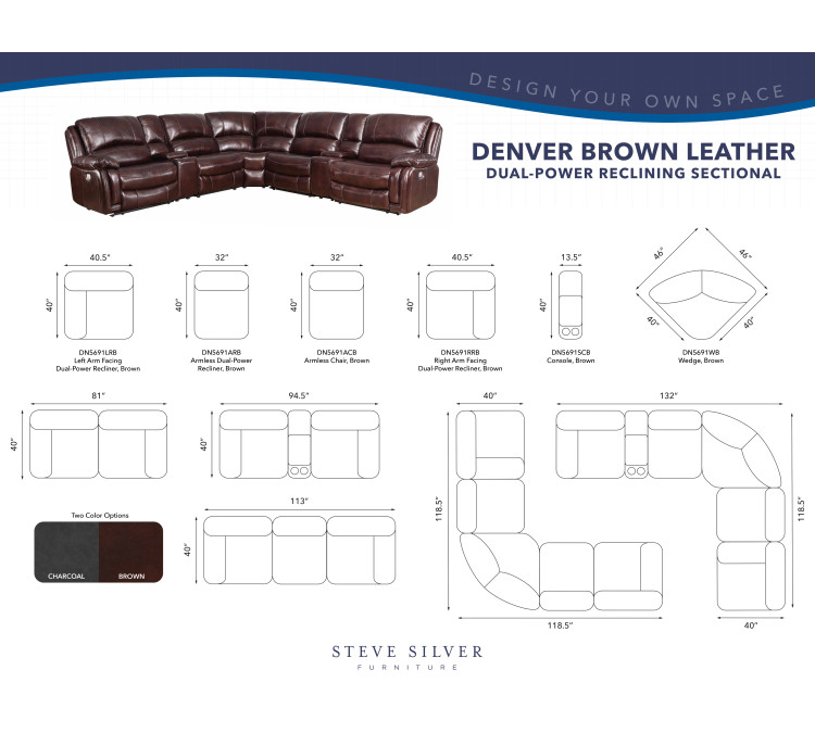 Denver Dual/Power 6/Piece Leather Sectional - Brown