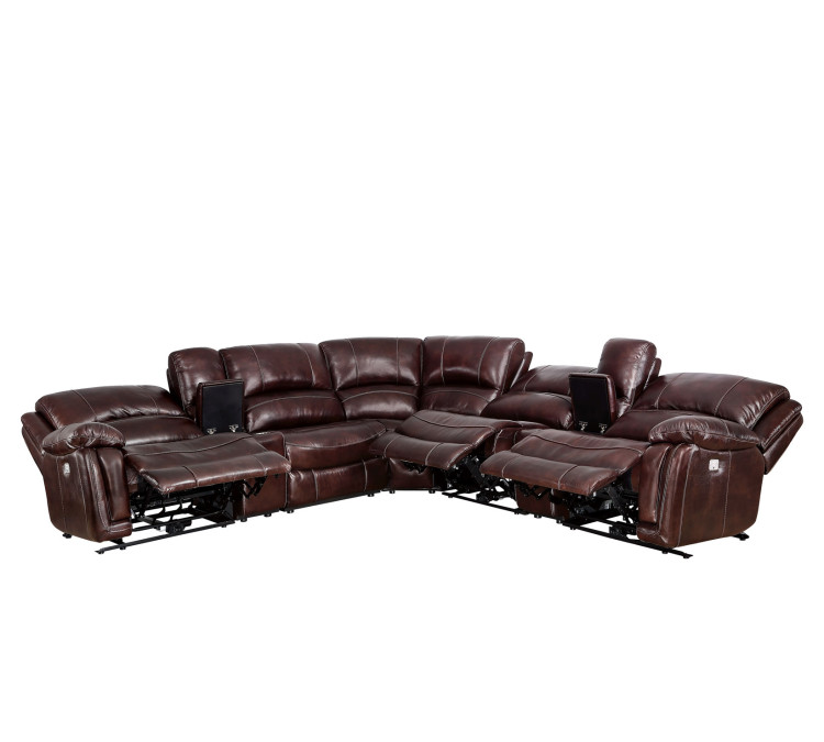Denver Dual/Power 6/Piece Leather Sectional - Brown