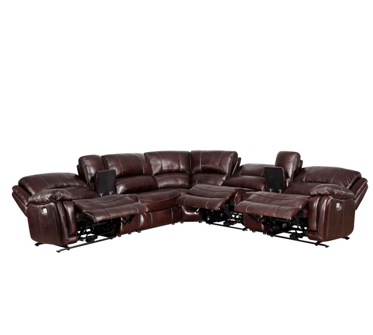 Denver Dual/Power 6/Piece Leather Sectional - Brown