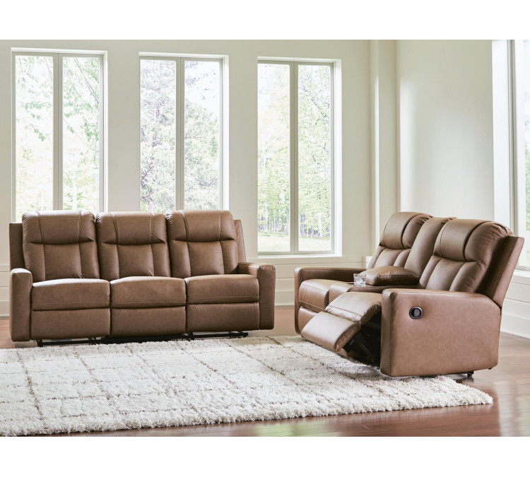 Mackmenville Reclining Sofa and Reclining Loveseat with Console - Caramel