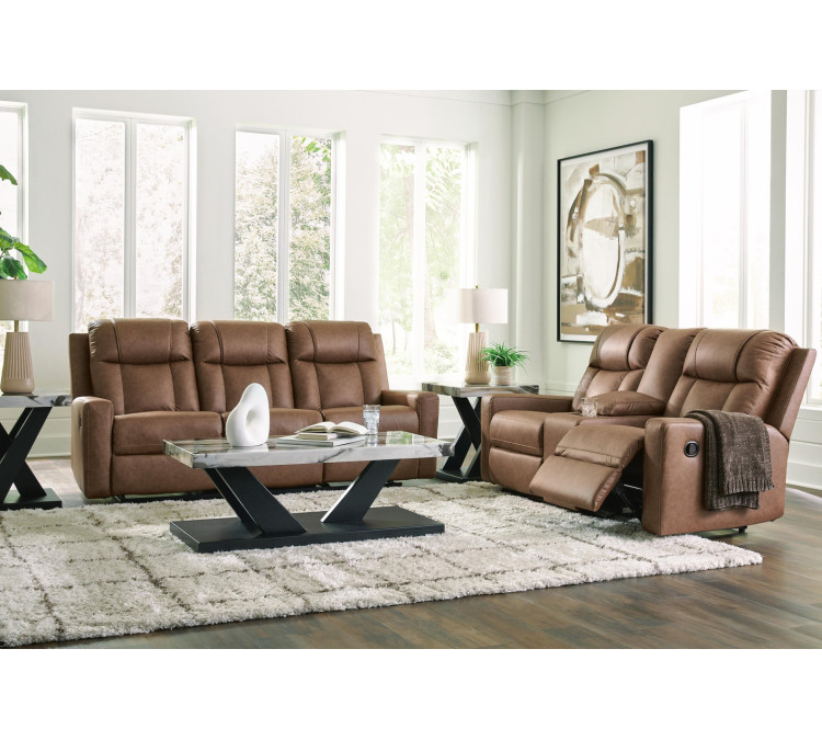 Mackmenville Reclining Sofa and Reclining Loveseat with Console - Caramel