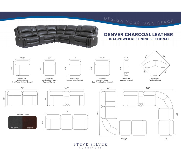 Denver Dual/Power 6/Piece Sectional - Charcoal