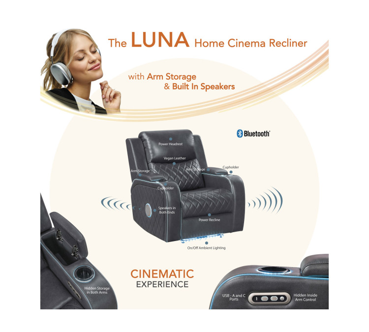 Luna Home Cinema Power Recliner, Vegan Leather - Charcoal