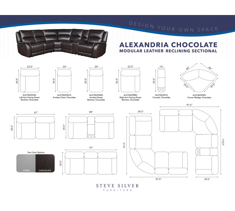 Alexandria Leather 6/Piece Power Reclining Set - Chocolate