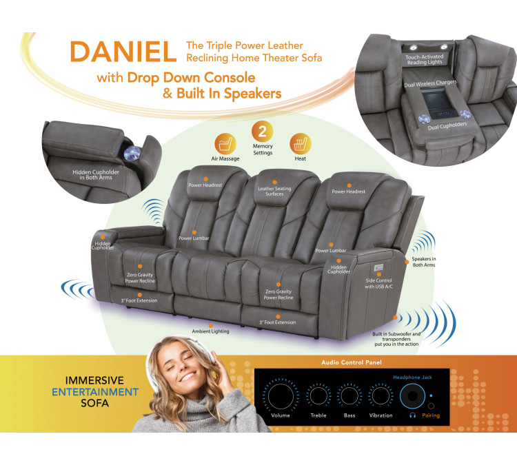 Daniel Triple Power Home Theater Immersive Entertainment Reclining Set, Leather