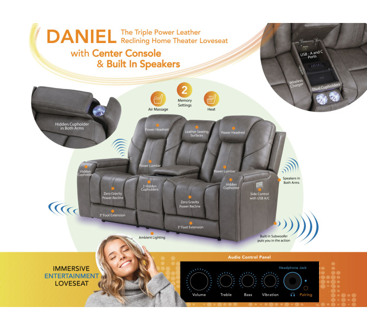 Daniel Triple Power Home Theater Immersive Entertainment Reclining Set, Leather
