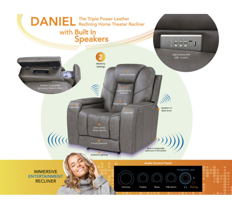 Daniel Triple Power Home Theater Immersive Entertainment Reclining Set, Leather