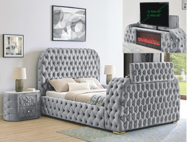 NATALIA BED W/FIREPLACE,TV LIFT GY - QUEEN / Grey