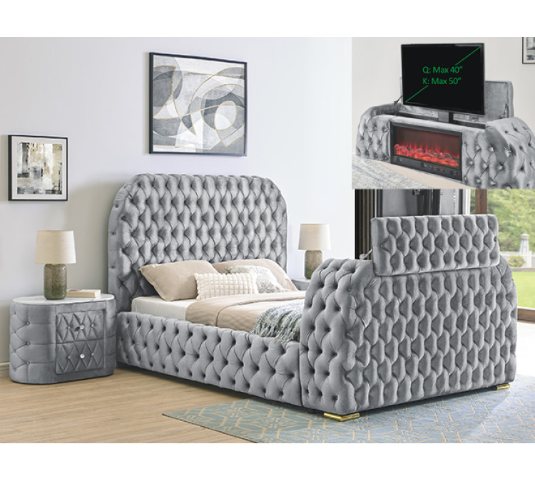 NATALIA BED W/FIREPLACE,TV LIFT GY - QUEEN / Grey