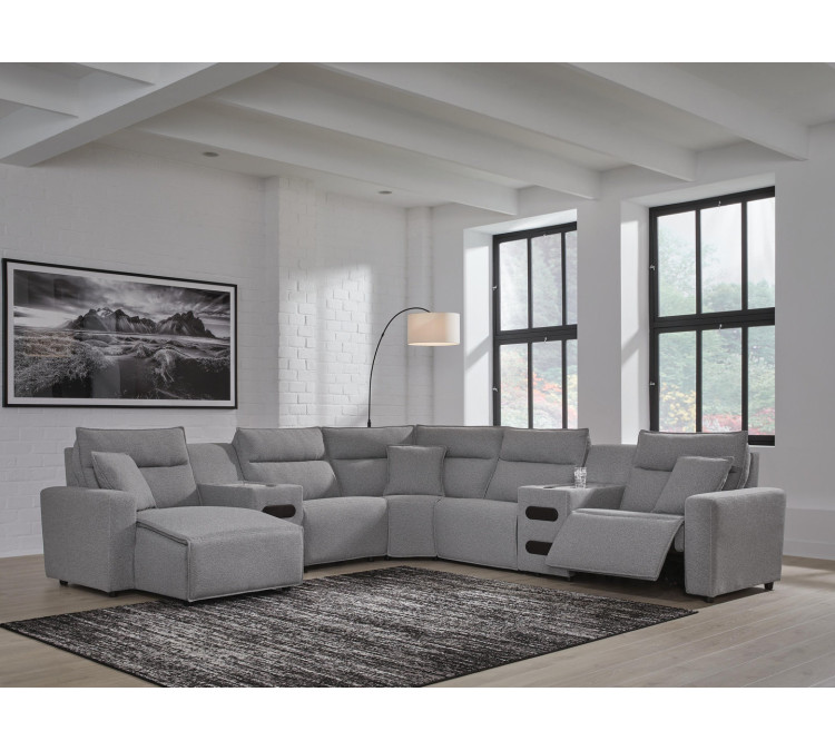 Modmax II 7-Piece Power Reclining Sectional with Chaise and Audio Consoles - Salt and Pepper