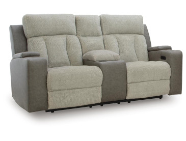 Stately Check Power Reclining Loveseat with Console - Sisal