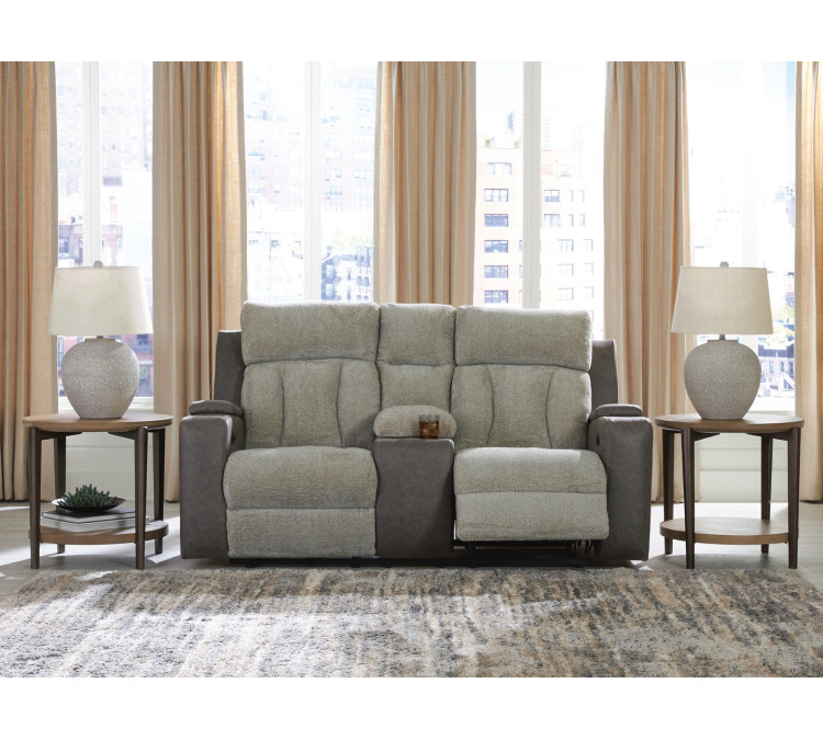 Stately Check Power Reclining Loveseat with Console - Sisal