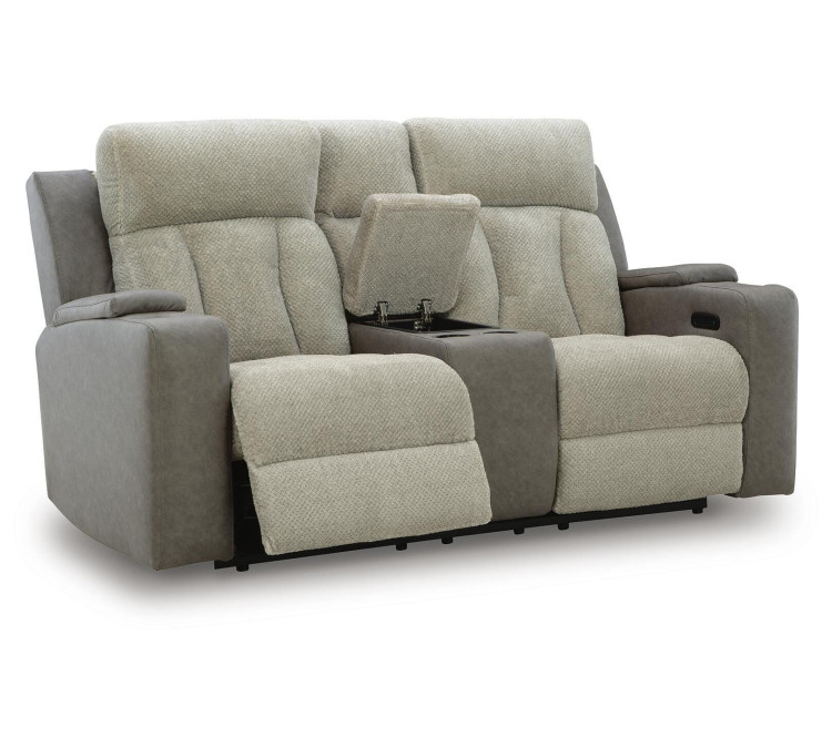 Stately Check Power Reclining Loveseat with Console - Sisal
