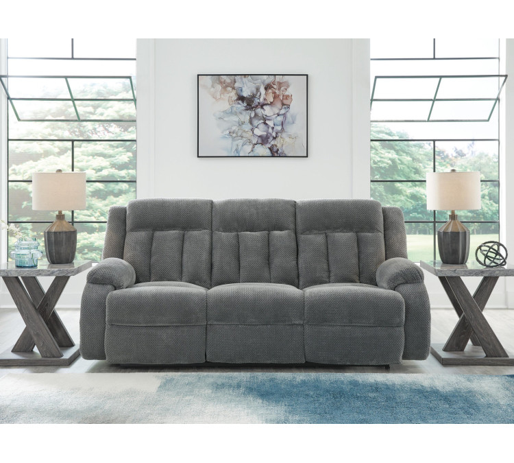 Greely Bend Power Reclining Sofa with Drop Down Table - Steel
