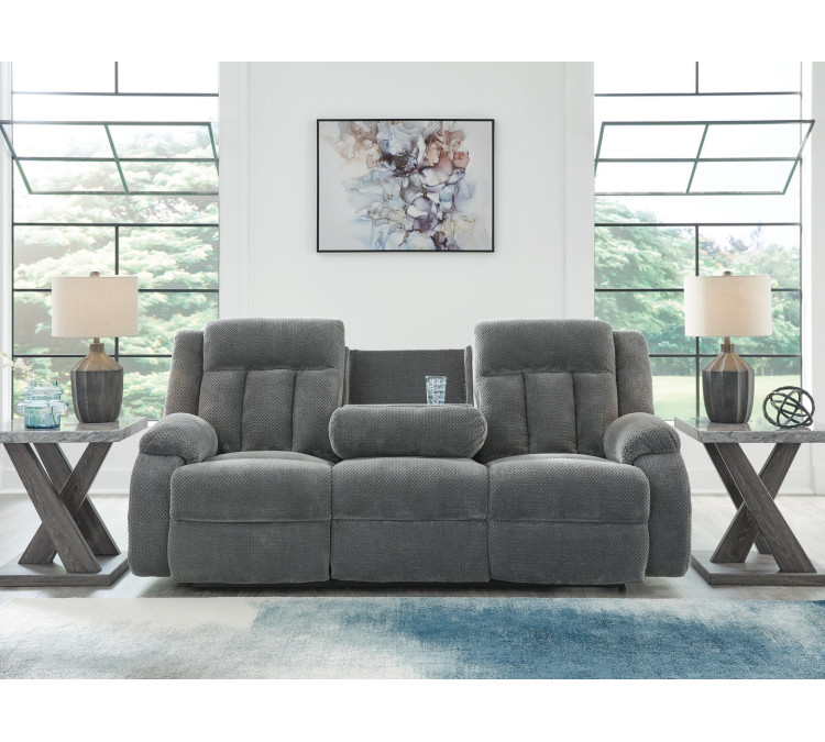 Greely Bend Power Reclining Sofa with Drop Down Table - Steel