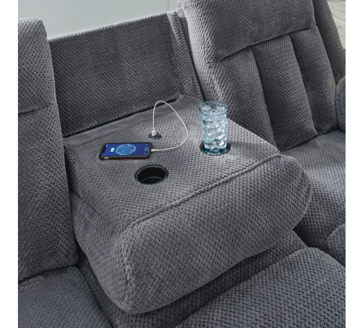 Greely Bend Power Reclining Sofa with Drop Down Table - Steel
