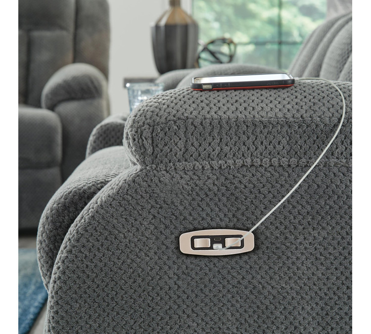 Greely Bend Power Reclining Sofa with Drop Down Table - Steel