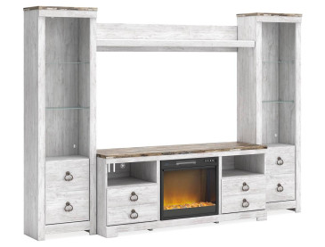 Willowton 4-Piece Entertainment Center with Electric Fireplace - Whitewash