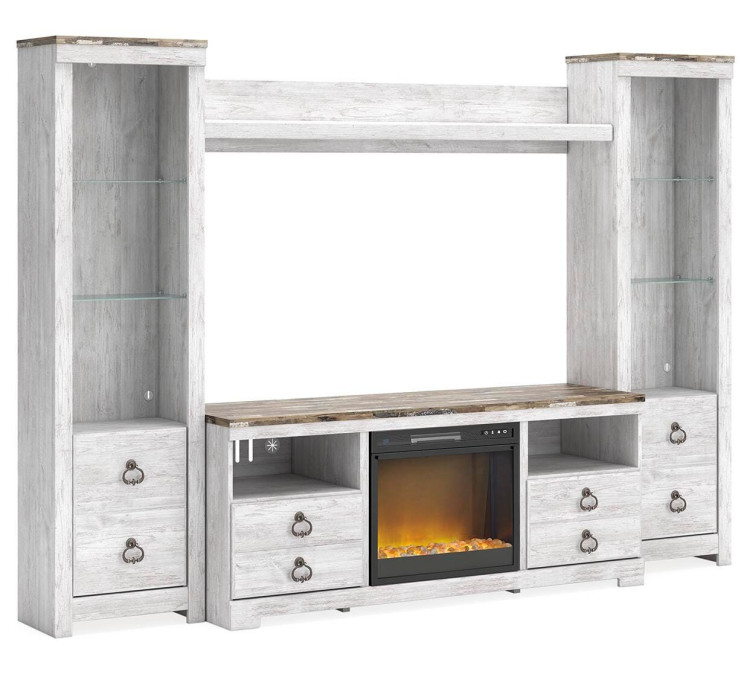Willowton 4-Piece Entertainment Center with Electric Fireplace - Whitewash